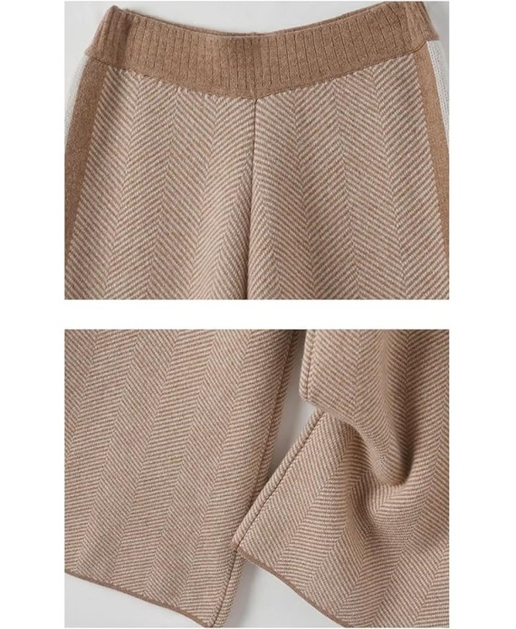 Women Patchwork Wide Leg Pants Elastic High Waist Loose Warm Knit Long Trousers