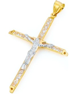 14k Two Tone Gold CZ Crucifix Cross Religious Charm Pendant