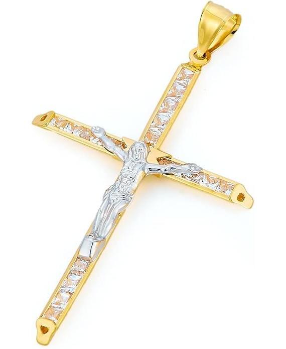 14k Two Tone Gold CZ Crucifix Cross Religious Charm Pendant