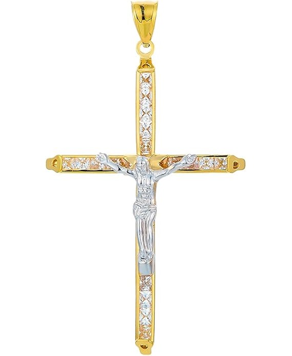 14k Two Tone Gold CZ Crucifix Cross Religious Charm Pendant