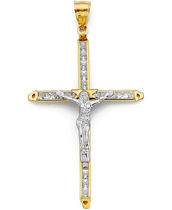 14k Two Tone Gold CZ Crucifix Cross Religious Charm Pendant