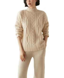 Women Cashmere Sweater Cable Knitting Pullover Mock Neck Vintage Loose Knitwear