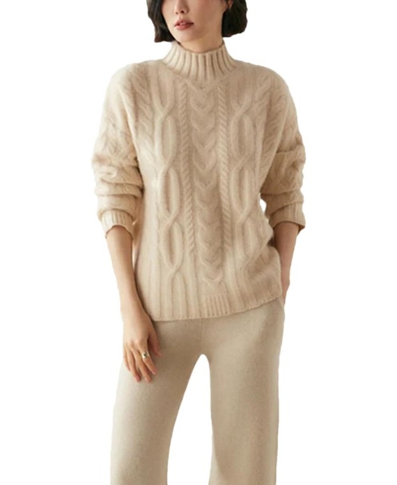 Women Cashmere Sweater Cable Knitting Pullover Mock Neck Vintage Loose Knitwear