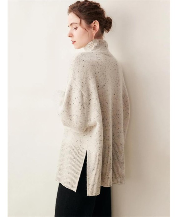 Womens Oversize Cashmere Sweater Loose Mock Neck Pullover Casual Soft Knitwear Split Jumper Tops
