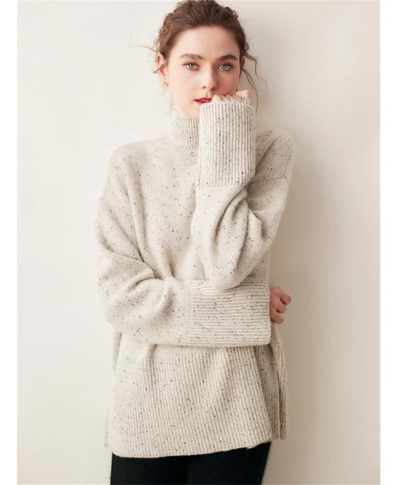 Womens Oversize Cashmere Sweater Loose Mock Neck Pullover Casual Soft Knitwear Split Jumper Tops