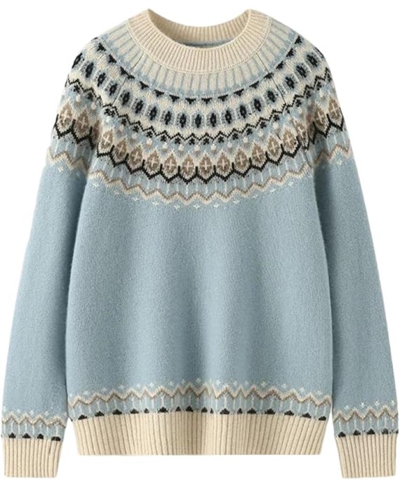 Women's Retro Cashmere Sweater Small Neck Pullover Knitwear Thick Printed Top