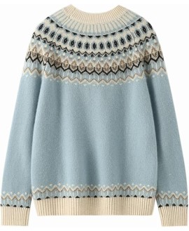 Women's Retro Cashmere Sweater Small Neck Pullover Knitwear Thick Printed Top