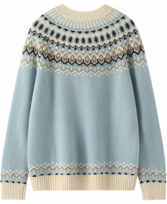 Women's Retro Cashmere Sweater Small Neck Pullover Knitwear Thick Printed Top
