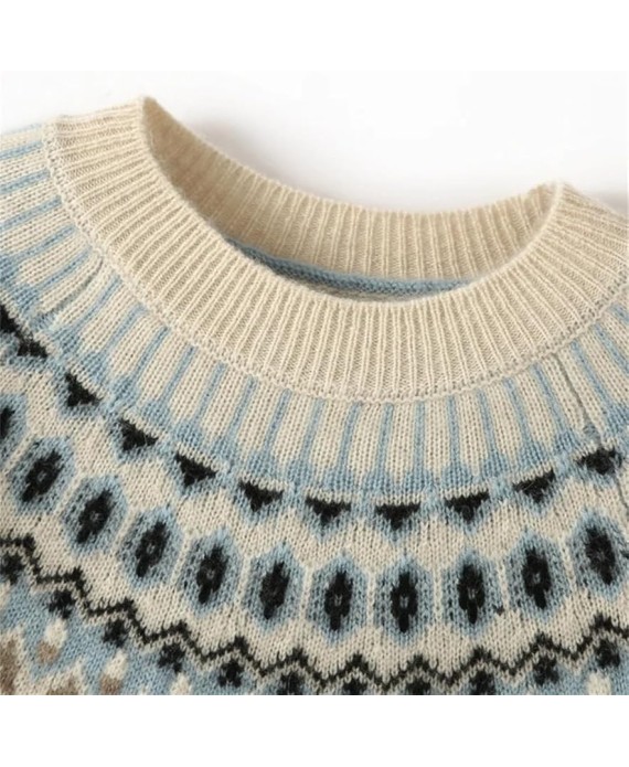 Women's Retro Cashmere Sweater Small Neck Pullover Knitwear Thick Printed Top