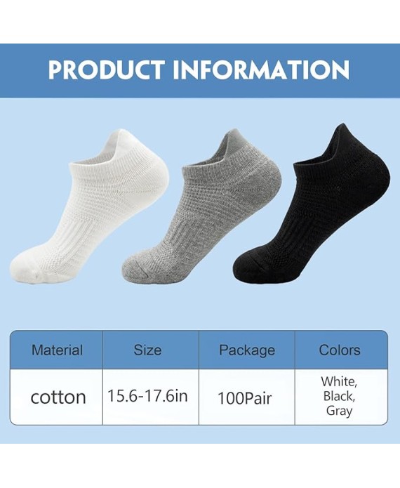 Ankle Athletic Running Socks Cushioned Breathable Low Cut Sports Tab Socks for Men and Women (100 Pairs)