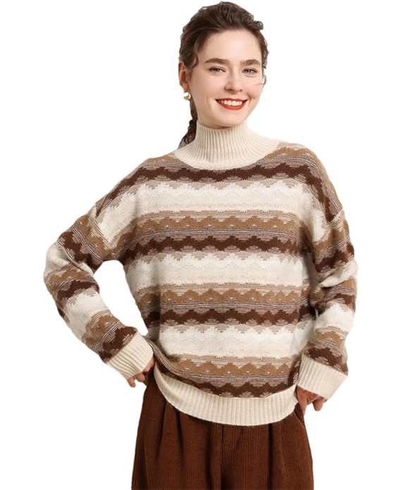 Women's Cashmere Sweater Vintage Twisted Flower Mock Neck Pullover Thick Soft Warm Knitwear