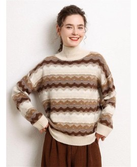 Women's Cashmere Sweater Vintage Twisted Flower Mock Neck Pullover Thick Soft Warm Knitwear