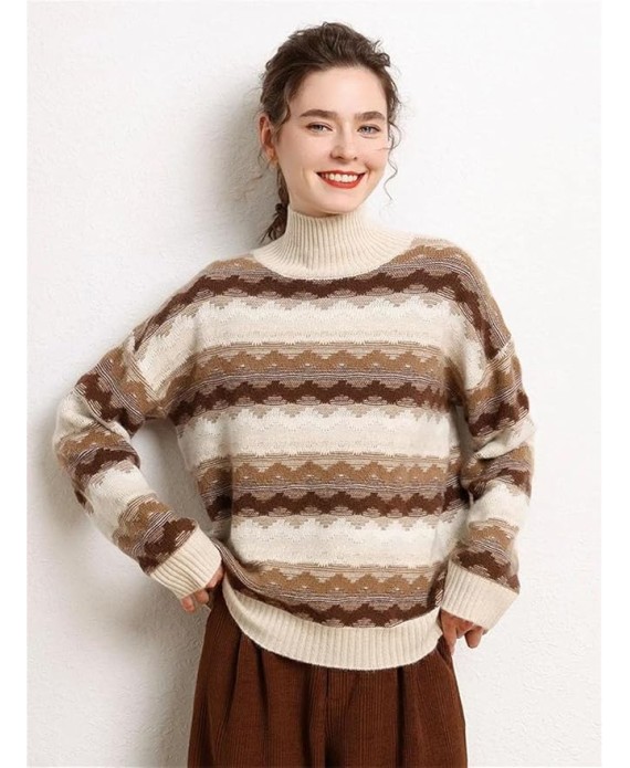 Women's Cashmere Sweater Vintage Twisted Flower Mock Neck Pullover Thick Soft Warm Knitwear