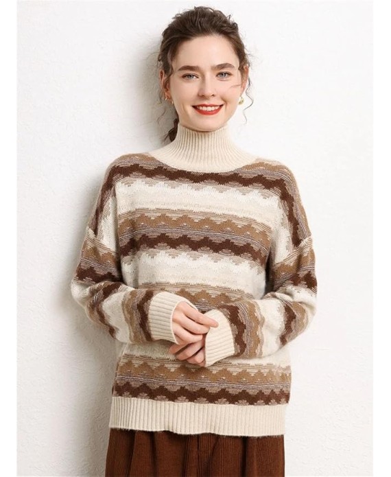 Women's Cashmere Sweater Vintage Twisted Flower Mock Neck Pullover Thick Soft Warm Knitwear
