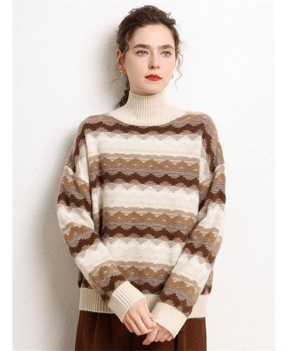 Women's Cashmere Sweater Vintage Twisted Flower Mock Neck Pullover Thick Soft Warm Knitwear