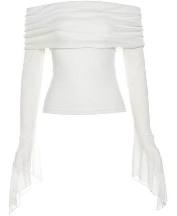 Slim Fashion Off-Shoulder Bottoming Shirt Sexy Backless Long Sleeve T-Shirt Trumpet Sleeves for Women