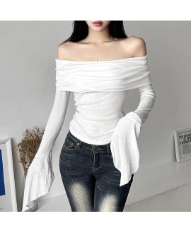 Slim Fashion Off-Shoulder Bottoming Shirt Sexy Backless Long Sleeve T-Shirt Trumpet Sleeves for Women