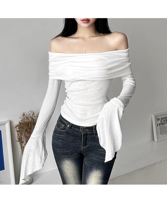 Slim Fashion Off-Shoulder Bottoming Shirt Sexy Backless Long Sleeve T-Shirt Trumpet Sleeves for Women