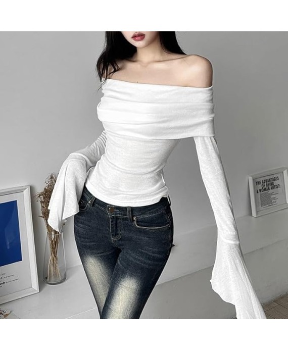 Slim Fashion Off-Shoulder Bottoming Shirt Sexy Backless Long Sleeve T-Shirt Trumpet Sleeves for Women