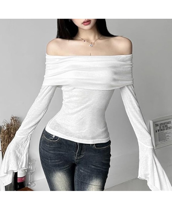 Slim Fashion Off-Shoulder Bottoming Shirt Sexy Backless Long Sleeve T-Shirt Trumpet Sleeves for Women