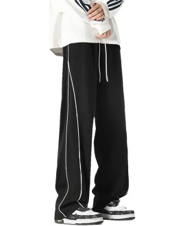 Men's Loose Fit Straight Leg Casual Pants Elastic Waist Midweight Comfortable Jogging Trousers with Side Piping