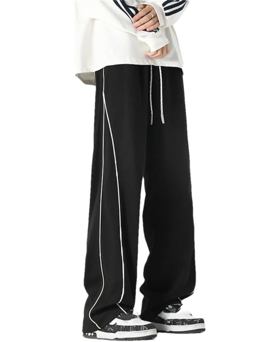 Men's Loose Fit Straight Leg Casual Pants Elastic Waist Midweight Comfortable Jogging Trousers with Side Piping