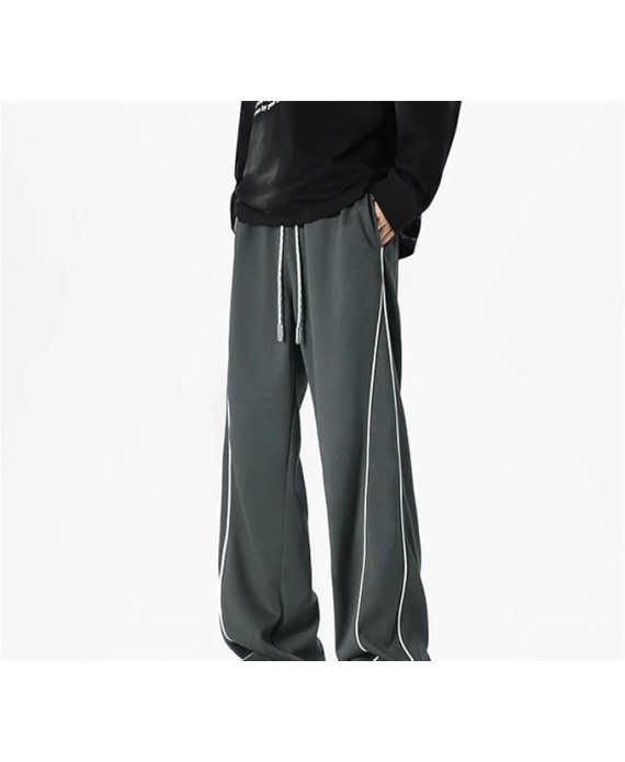 Men's Loose Fit Straight Leg Casual Pants Elastic Waist Midweight Comfortable Jogging Trousers with Side Piping