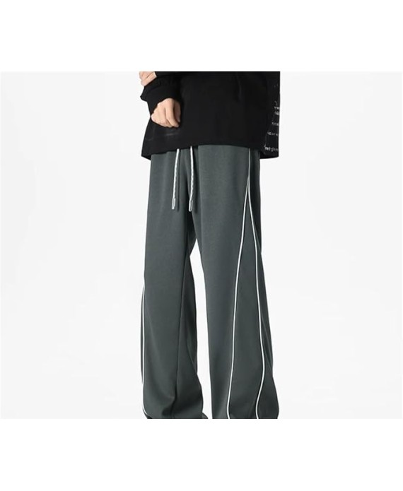 Men's Loose Fit Straight Leg Casual Pants Elastic Waist Midweight Comfortable Jogging Trousers with Side Piping