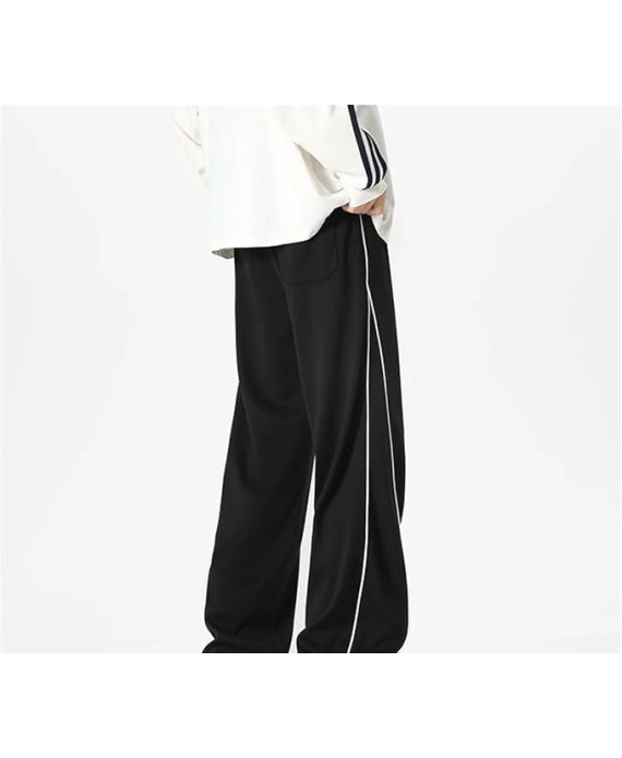Men's Loose Fit Straight Leg Casual Pants Elastic Waist Midweight Comfortable Jogging Trousers with Side Piping
