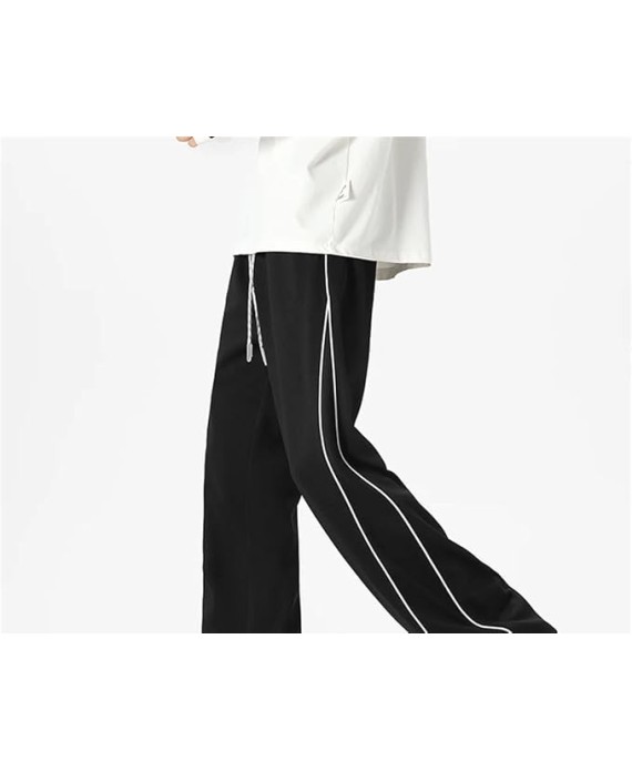 Men's Loose Fit Straight Leg Casual Pants Elastic Waist Midweight Comfortable Jogging Trousers with Side Piping