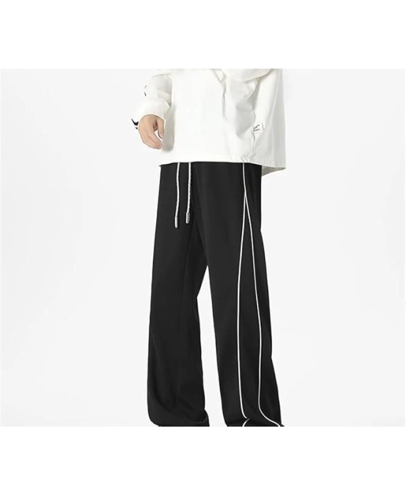 Men's Loose Fit Straight Leg Casual Pants Elastic Waist Midweight Comfortable Jogging Trousers with Side Piping