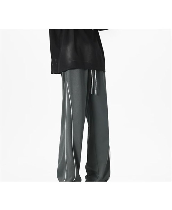Men's Loose Fit Straight Leg Casual Pants Elastic Waist Midweight Comfortable Jogging Trousers with Side Piping
