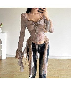 Slim Fit Trumpet Sleeve Navel Exposed Fashion V-Neck Halter Long Sleeve Top Women's Elastic Top