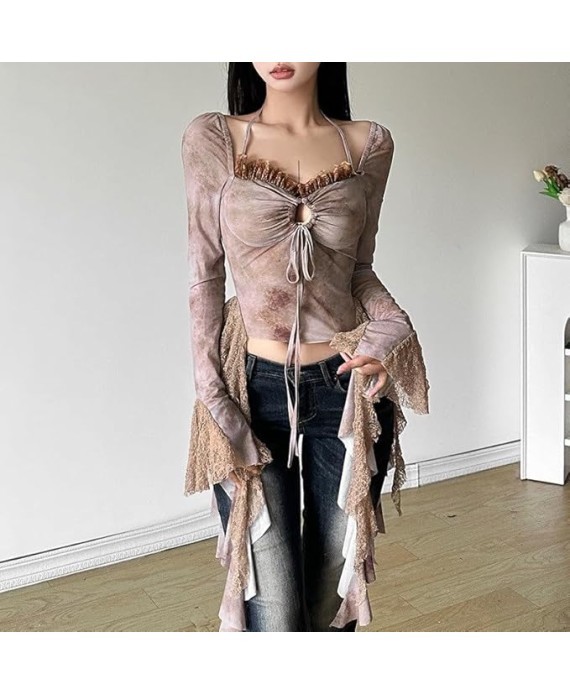 Slim Fit Trumpet Sleeve Navel Exposed Fashion V-Neck Halter Long Sleeve Top Women's Elastic Top