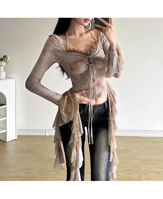 Slim Fit Trumpet Sleeve Navel Exposed Fashion V-Neck Halter Long Sleeve Top Women's Elastic Top