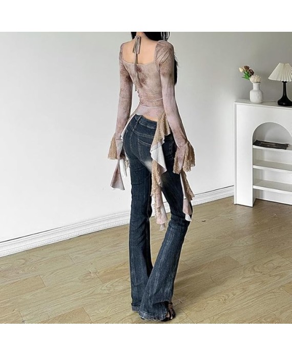 Slim Fit Trumpet Sleeve Navel Exposed Fashion V-Neck Halter Long Sleeve Top Women's Elastic Top
