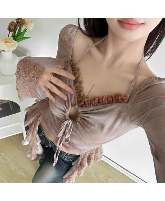 Slim Fit Trumpet Sleeve Navel Exposed Fashion V-Neck Halter Long Sleeve Top Women's Elastic Top