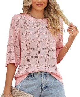 Womens Round Neck Tunic Tops Half Sleeve Blouses Hollow Out Crochet Loose Pullover Sweaters