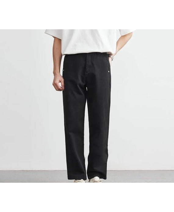 Men's Cotton Casual Pants Straight-Leg Solid Color Men's Loose Wide-Leg Trousers